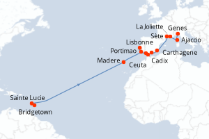 Carte itinéraire croisière - 22 jours au départ de Bridgetown - Transatlantique