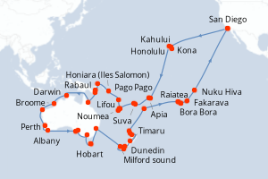 Carte itinéraire croisière - 90 jours au départ de San Diego - Tour du Monde