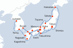 Carte itinéraire croisière - 26 jours au départ de Tokyo - Asie