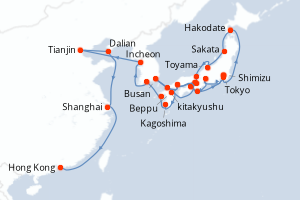Carte itinéraire croisière - 38 jours au départ de Tokyo - Asie