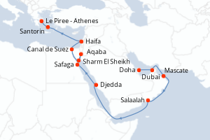 Carte itinéraire croisière - 19 jours au départ de Doha - Mer Rouge Océan Indien