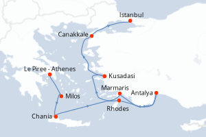 Carte itinéraire croisière - 9 jours au départ de Le Piree - Athenes - Méditerranée