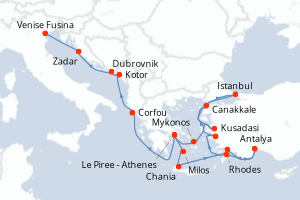 Carte itinéraire croisière - 20 jours au départ de Le Piree - Athenes - Méditerranée
