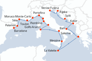 Carte itinéraire croisière  - 21 jours au départ de Venise Fusina - Méditerranée