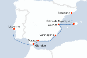 Carte itinéraire croisière - 7 jours au départ de Barcelone - Atlantique