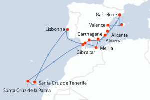 Carte itinéraire croisière  - 16 jours au départ de Barcelone - Méditerranée