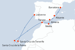 Carte itinéraire croisière - 9 jours au départ de Lisbonne - Méditerranée