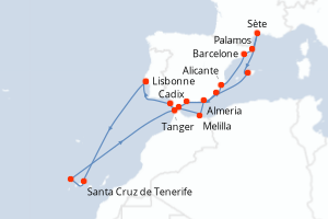 Carte itinéraire croisière  - 19 jours au départ de Lisbonne - Atlantique