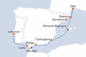 Carte itinéraire croisière  - 10 jours au départ de Barcelone - Atlantique