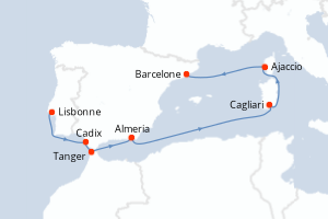 Carte itinéraire croisière - 9 jours au départ de Lisbonne - Méditerranée