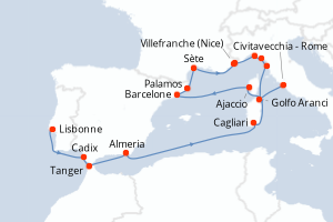 Carte itinéraire croisière  - 20 jours au départ de Lisbonne - Méditerranée