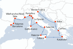 Carte itinéraire croisière  - 20 jours au départ de Barcelone - Méditerranée
