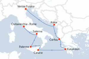 Carte itinéraire croisière - 9 jours au départ de Civitavecchia - Rome - Méditerranée