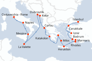 Carte itinéraire croisière  - 18 jours au départ de Istanbul - Méditerranée
