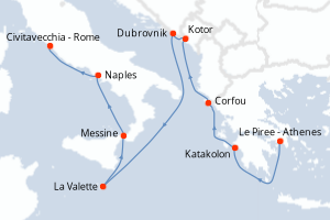 Carte itinéraire croisière - 9 jours au départ de Le Piree - Athenes - Méditerranée