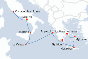 Carte itinéraire croisière - 9 jours au départ de Civitavecchia - Rome - Méditerranée