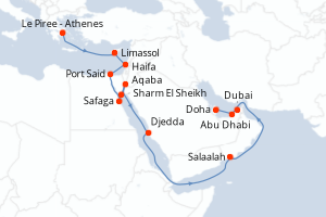 Carte itinéraire croisière - 21 jours au départ de Le Piree - Athenes - Mer Rouge Océan Indien