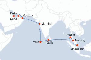 Carte itinéraire croisière - 17 jours au départ de Doha - Asie