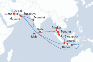Carte itinéraire croisière - 27 jours au départ de Doha - Asie