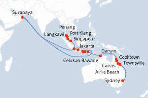 Carte itinéraire croisière  - 24 jours au départ de Singapour - Australie Nouvelle Zélande