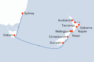 Carte itinéraire croisière  - 14 jours au départ de Auckland - Australie Nouvelle Zélande
