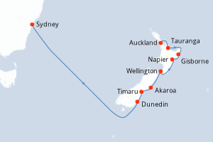Carte itinéraire croisière - 11 jours au départ de Sydney - Australie Nouvelle Zélande