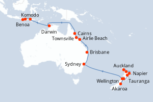 Carte itinéraire croisière - 26 jours au départ de Auckland - Asie