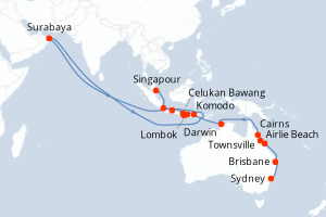Carte itinéraire croisière  - 24 jours au départ de Sydney - Asie