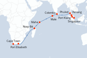 Carte itinéraire croisière  - 23 jours au départ de Singapour - Afrique du Sud
