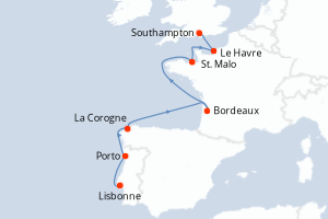 Carte itinéraire croisière - 10 jours au départ de Lisbonne - Europe du Nord