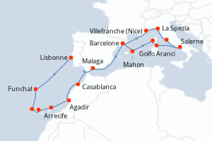 Carte itinéraire croisière  - 20 jours au départ de Barcelone - Atlantique