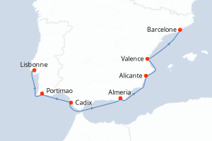 Carte itinéraire croisière - 7 jours au départ de Lisbonne - Méditerranée