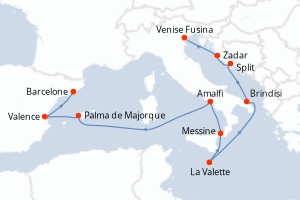 Carte itinéraire croisière  - 11 jours au départ de Venise Fusina - Méditerranée