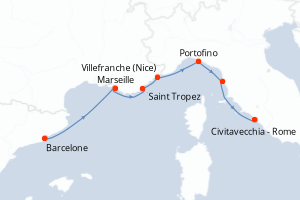 Carte itinéraire croisière - 7 jours au départ de Barcelone - Méditerranée