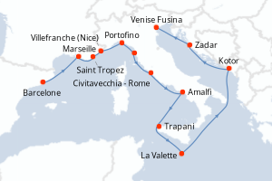 Carte itinéraire croisière  - 14 jours au départ de Barcelone - Méditerranée