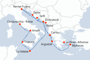 Carte itinéraire croisière  - 14 jours au départ de Civitavecchia - Rome - Méditerranée
