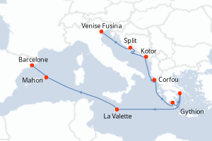 Carte itinéraire croisière  - 10 jours au départ de Venise Fusina - Méditerranée