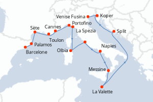 Carte itinéraire croisière  - 17 jours au départ de Barcelone - Méditerranée