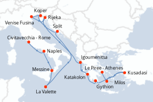 Carte itinéraire croisière - 16 jours au départ de Civitavecchia - Rome - Méditerranée