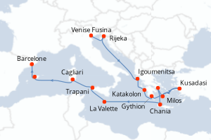Carte itinéraire croisière - 16 jours au départ de Venise Fusina - Méditerranée