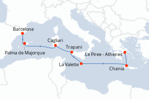 Carte itinéraire croisière - 7 jours au départ de Le Piree - Athenes - Méditerranée