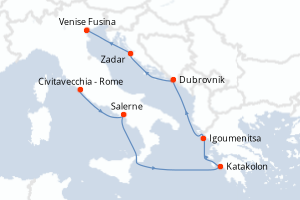 Carte itinéraire croisière - 7 jours au départ de Civitavecchia - Rome - Méditerranée