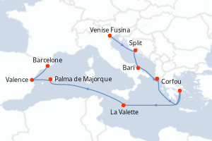 Carte itinéraire croisière  - 12 jours au départ de Venise Fusina - Méditerranée