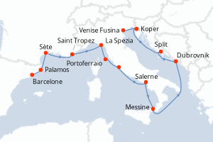 Carte itinéraire croisière  - 14 jours au départ de Barcelone - Méditerranée