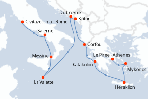 Carte itinéraire croisière  - 12 jours au départ de Le Piree - Athenes - Méditerranée