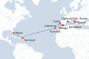 Carte itinéraire croisière  - 20 jours au départ de Civitavecchia - Rome - Transatlantique