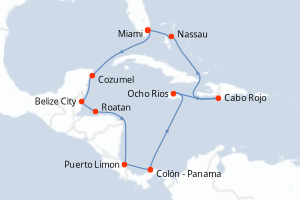 Carte itinéraire croisière  - 14 jours au départ de Miami - Caraïbes Bahamas