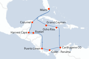 Carte itinéraire croisière  - 14 jours au départ de Miami - Caraïbes Bahamas