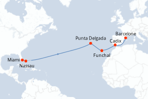 Carte itinéraire croisière  - 14 jours au départ de Miami - Transatlantique