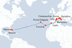 Carte itinéraire croisière  - 21 jours au départ de Miami - Transatlantique